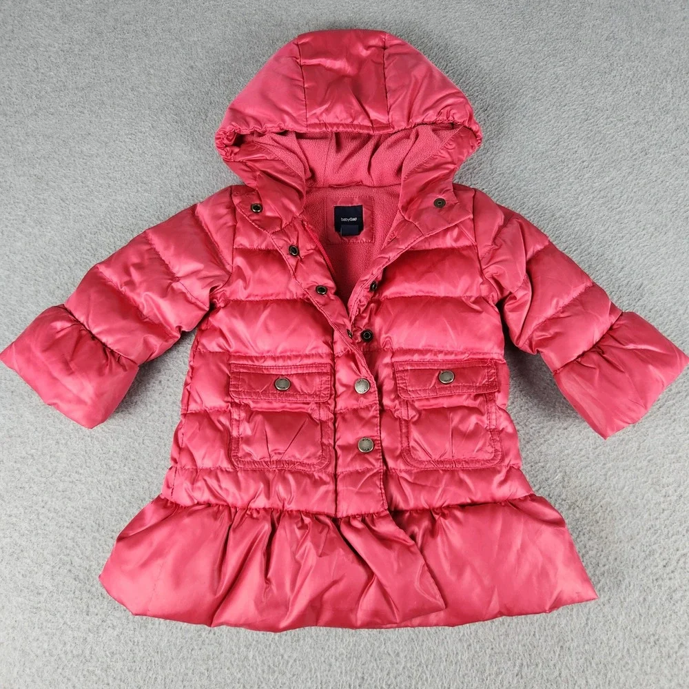Baby Gap Puffer Jacket Toddler 12-18M Pink Down Filled Quilted Ruffle Hem Hooded